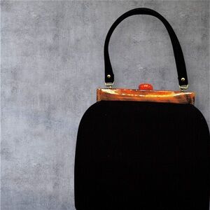 Vintage Black Fabric Handbag with Amber Bakelite Accents